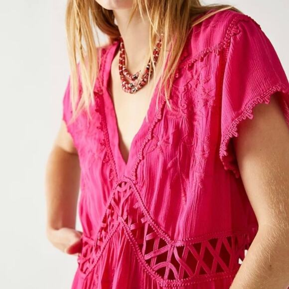 Free People Hot Pink Lattice Cutout Floral Embroidered Tunic Marissa FP Dress - Picture 7 of 7
